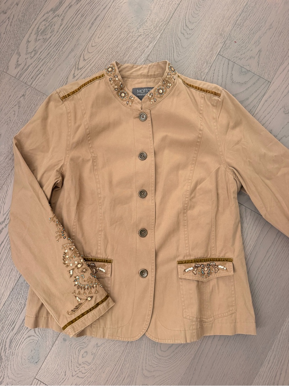 Motto Your Style Mantra Jacket Womens M Beaded Sequin Western Boho Tan Cotton